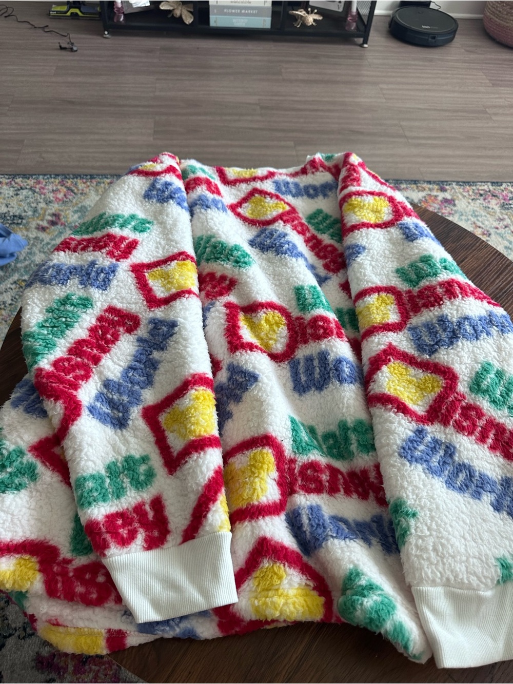 Disney Plush Crewneck Sweater in White with Red, Yellow, Blue & Green